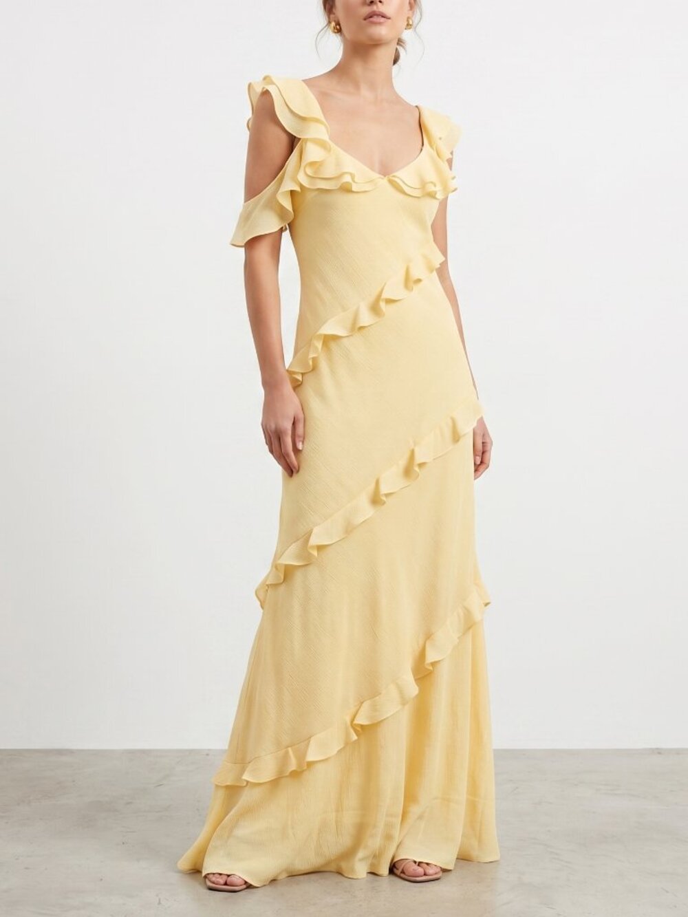 Zara Ruffle Maxi Dress Gown Yellow Size M NWT Wedding Guest